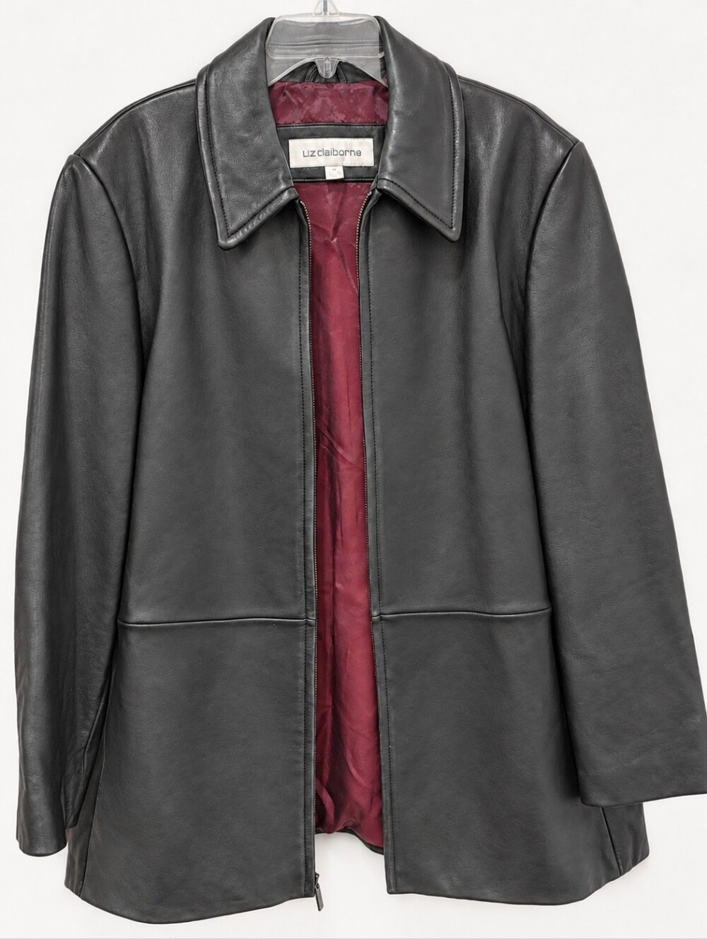 Vintage Liz Claiborne Womens Charcoal Black Leather Zip-Front Car Coat 90s Y2K